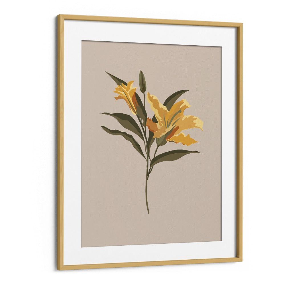 Lily Flower Botanical Flower Paintings Artwork in Oak Wood Frame With Mount