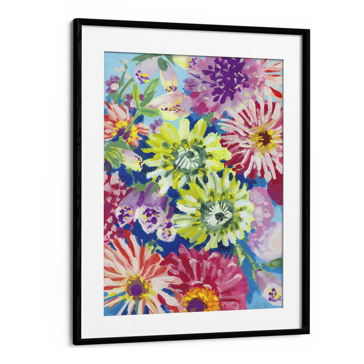 Lime Asters By Ania Zwara Botanical Flower Paintings Artwork  in Black Frame With Mount