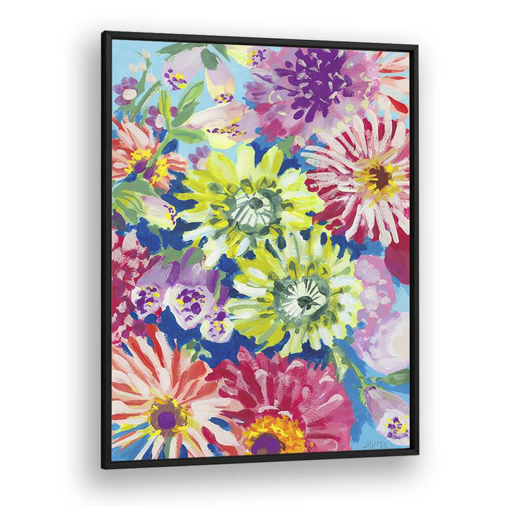 Lime Asters By Ania Zwara Botanical Flower Paintings Artwork  in Black Plain Frame