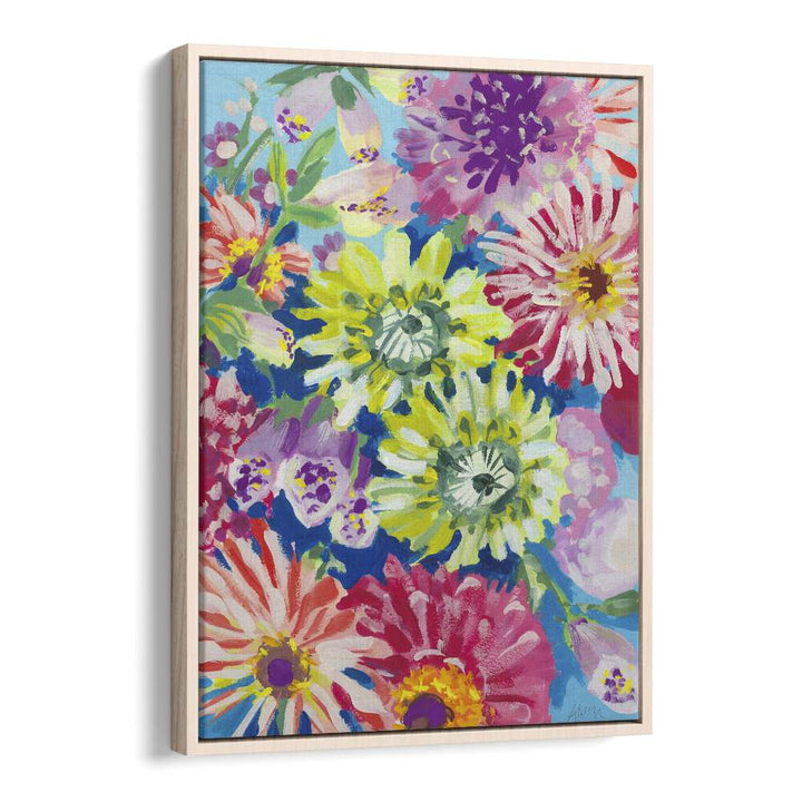 Lime Asters By Ania Zwara Botanical Flower Paintings Artwork in Oak Wood Floater Frame