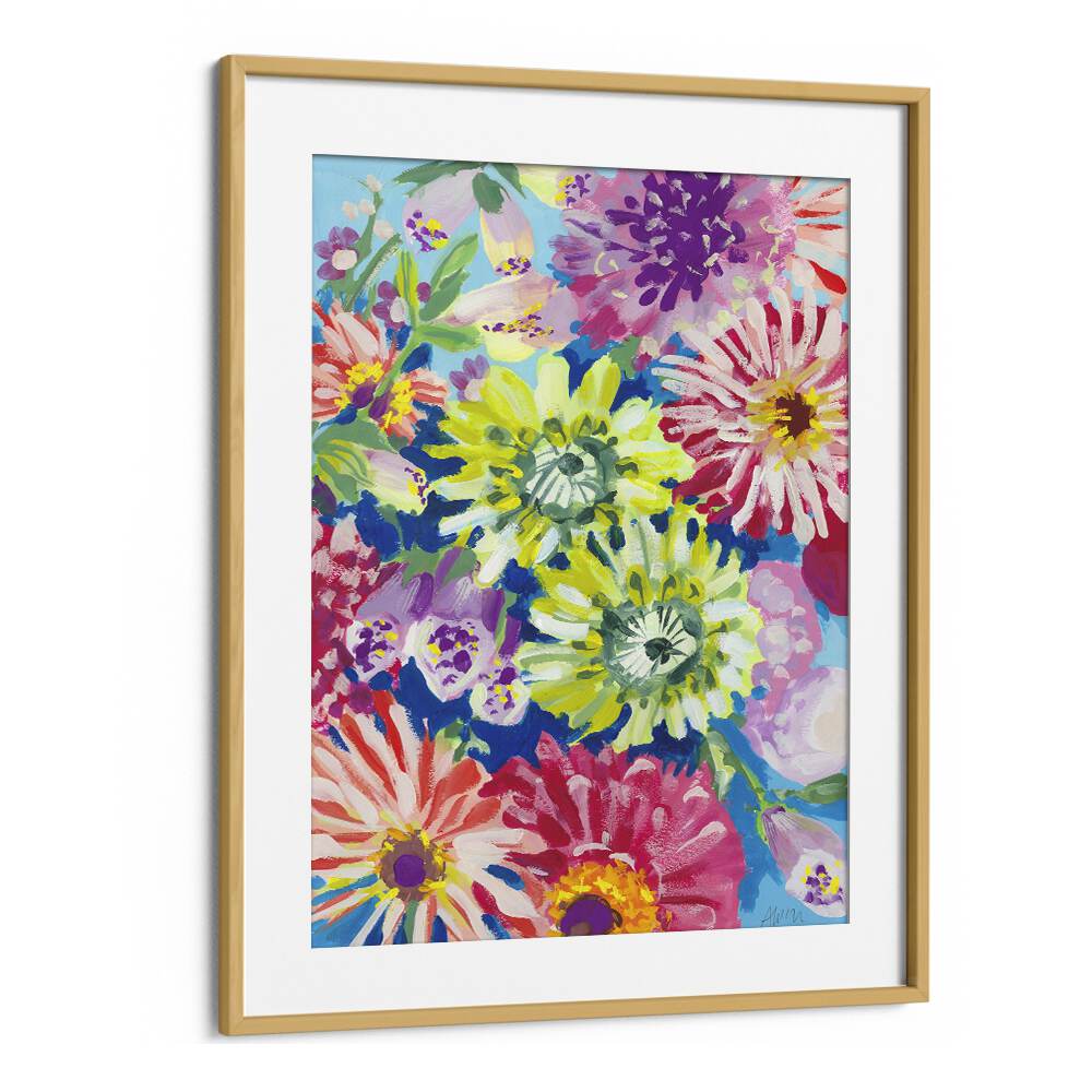 Lime Asters By Ania Zwara Botanical Flower Paintings Artwork in Oak Wood Frame With Mount