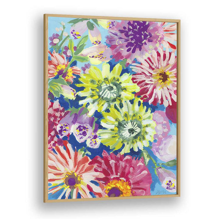 Lime Asters By Ania Zwara Botanical Flower Paintings Artwork in Oak Wood Plain Frame