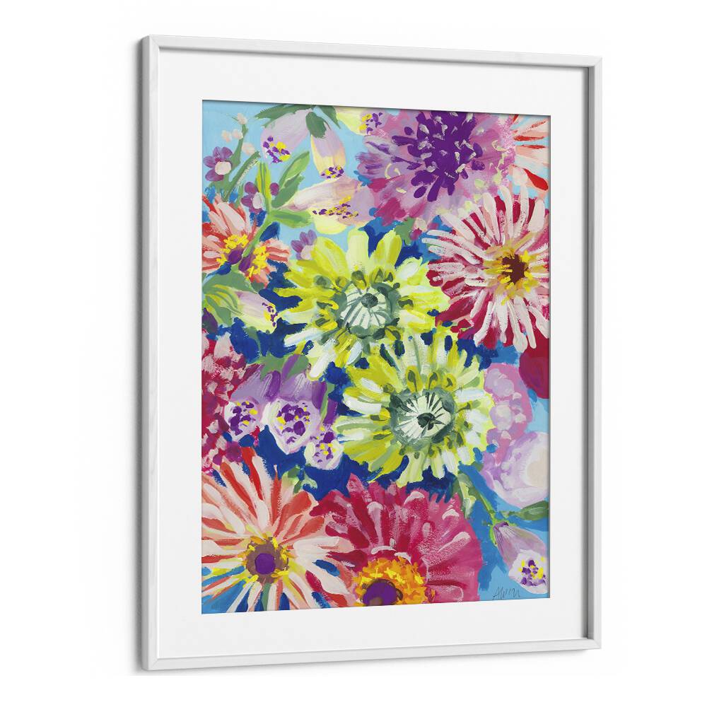 Lime Asters By Ania Zwara Botanical Flower Paintings Artwork  in White frame With Mount