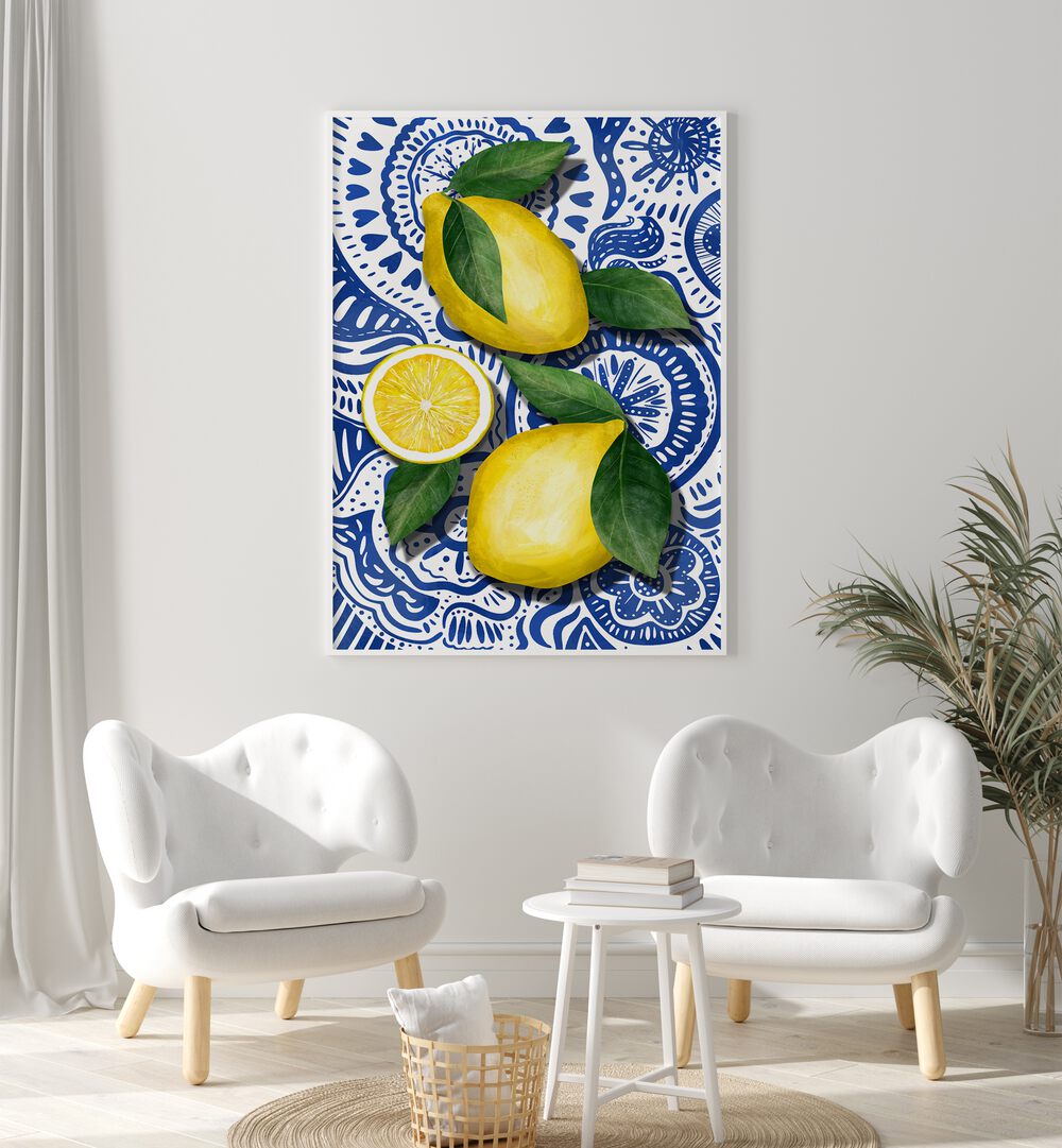 Bright LIMONES, KITCHEN POSTERS featuring vibrant lemons on a blue patterned background, perfect for your kitchen decor.