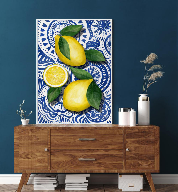 Bright and vibrant LIMONES, KITCHEN POSTERS featuring fresh lemons on a decorative blue background. Perfect for your kitchen!