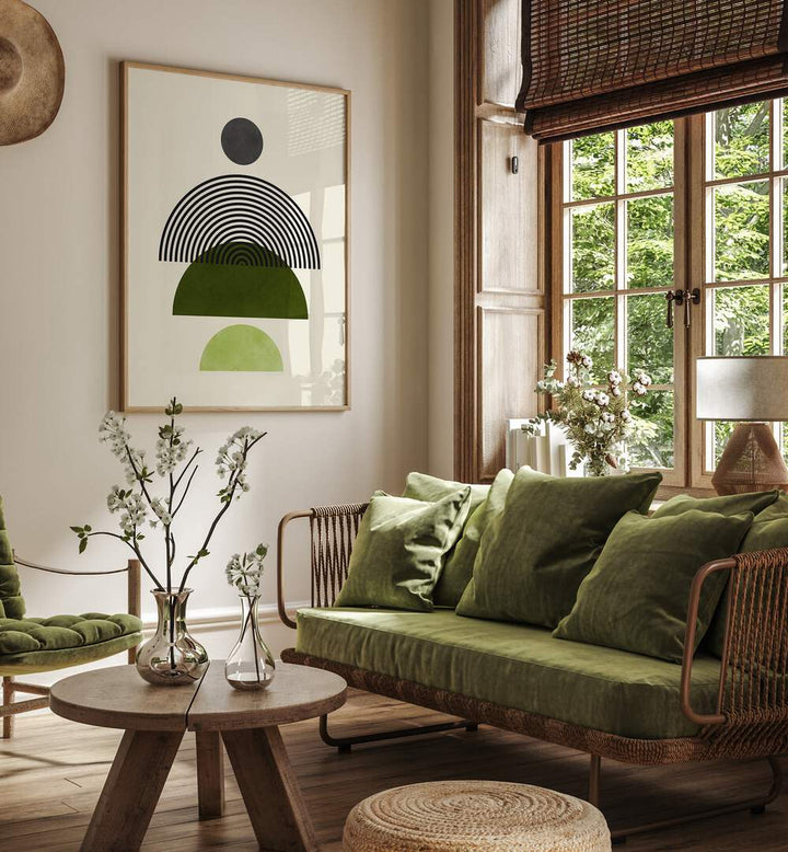 Modern living space featuring LINES AND CIRCLES IV, BOHO ART PAINTINGS, enhancing creativity and design aesthetics.