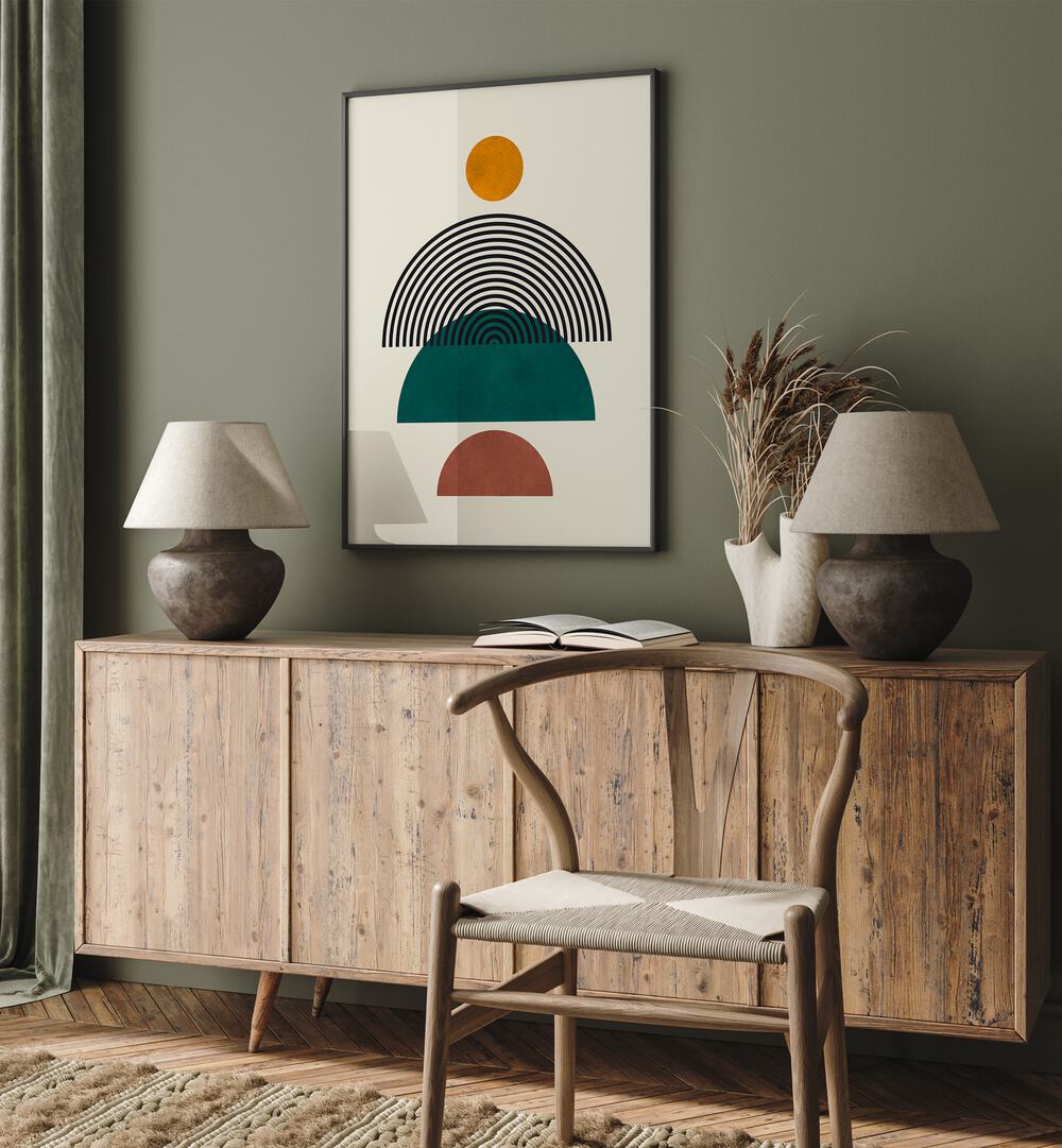 Stylish LINES AND CIRCLES VIII, BOHO ART PAINTINGS, enhancing modern decor with elegant shapes and colors.