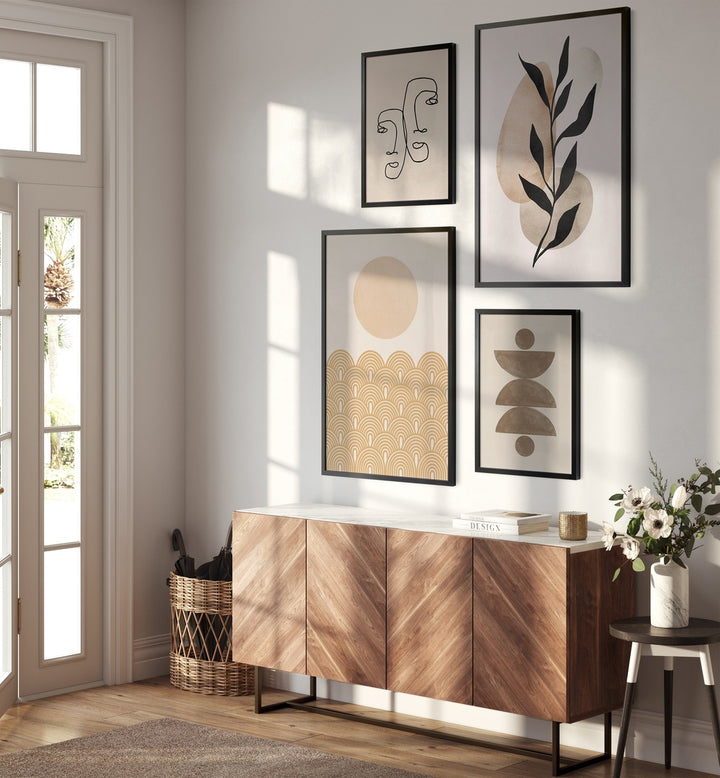 Stylishly arranged LINES & LEAVES GALLERY WALL featuring botanical art, enhancing minimalist home decor elegance.