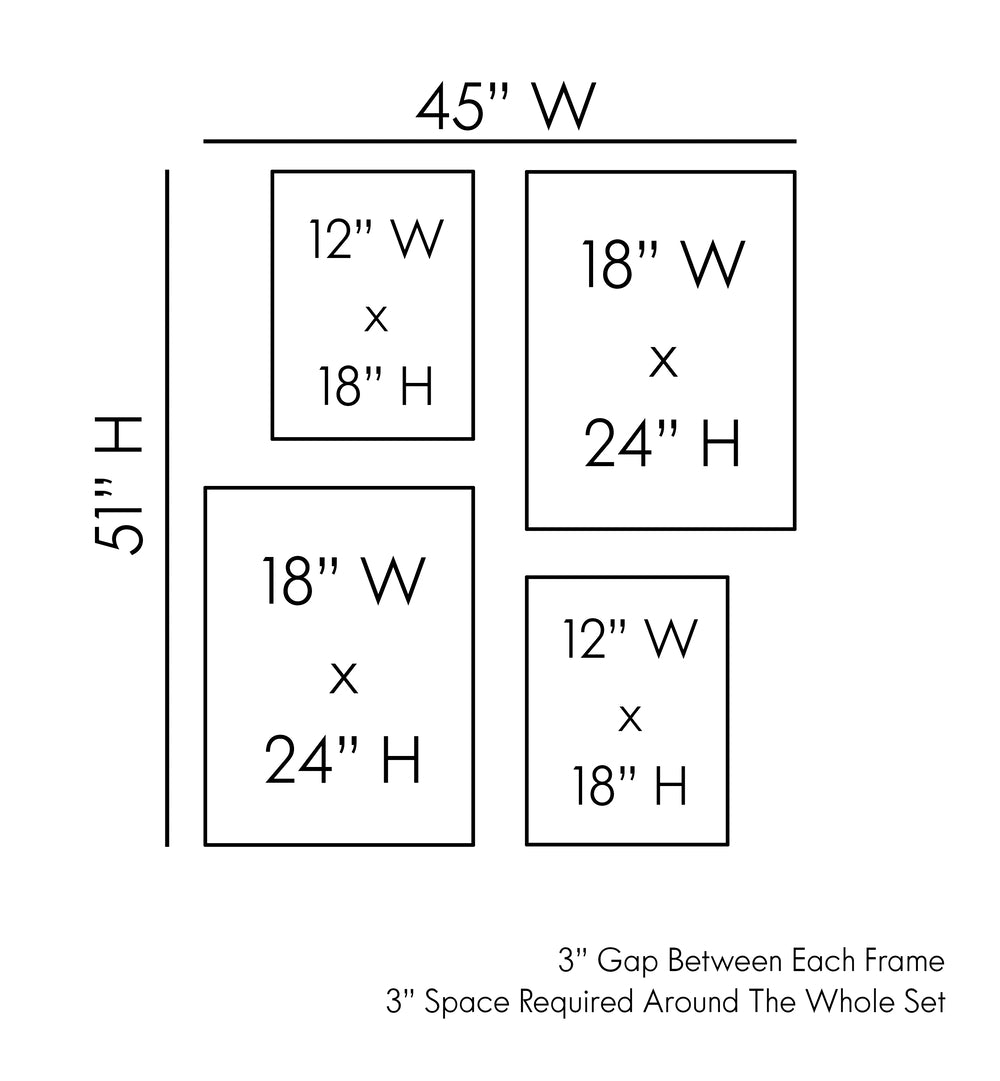 Stylish size guide for the LINES & LEAVES GALLERY WALL, showcasing elegant frame dimensions for modern decor.