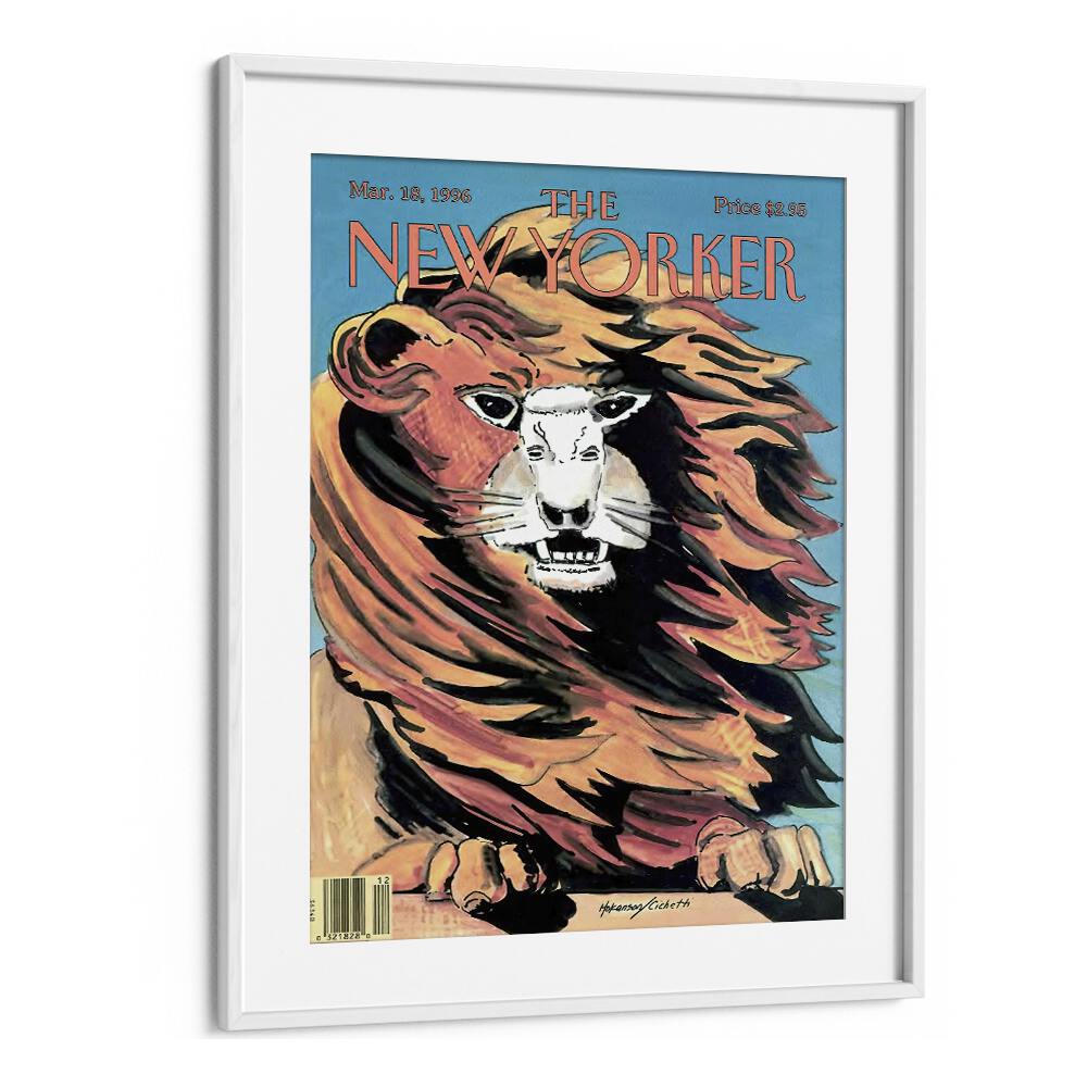  Lion And Lamb By Lars Hokasan And Frances Cichetti - New Yoker Magazine  March 18 1996  Artwork  in White frame With Mount
