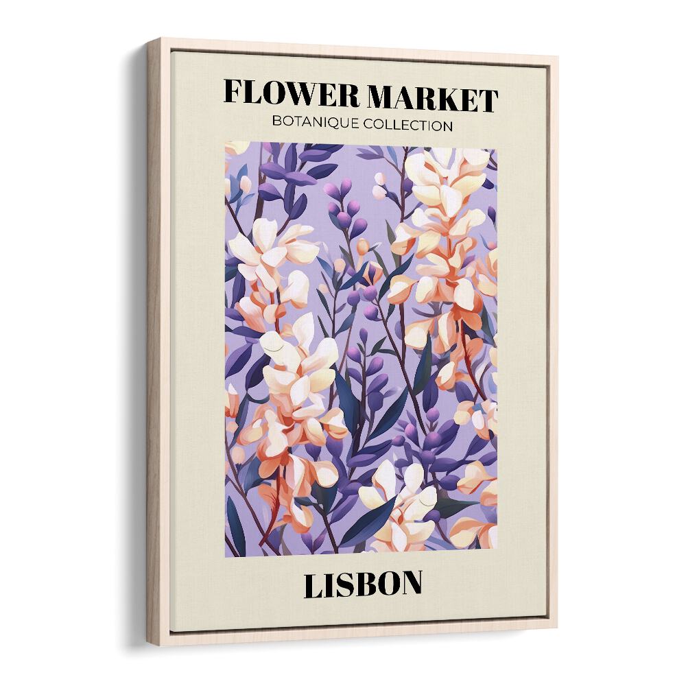 Lisbon Flower Marketo    Botanical Flower Paintings Artwork in Oak Wood Floater Frame