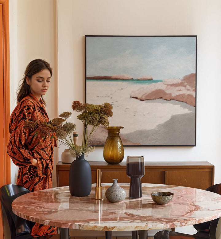 Transform your space with LITORE, ABSTRACT PAINTINGS, featuring a beautiful coastal scene in a modern setting.