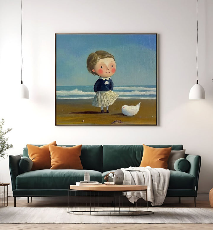Charming artwork, LITTLE GIRL ON THE BEACH II, captures childhood joy by the sea, perfect for whimsical home decor.