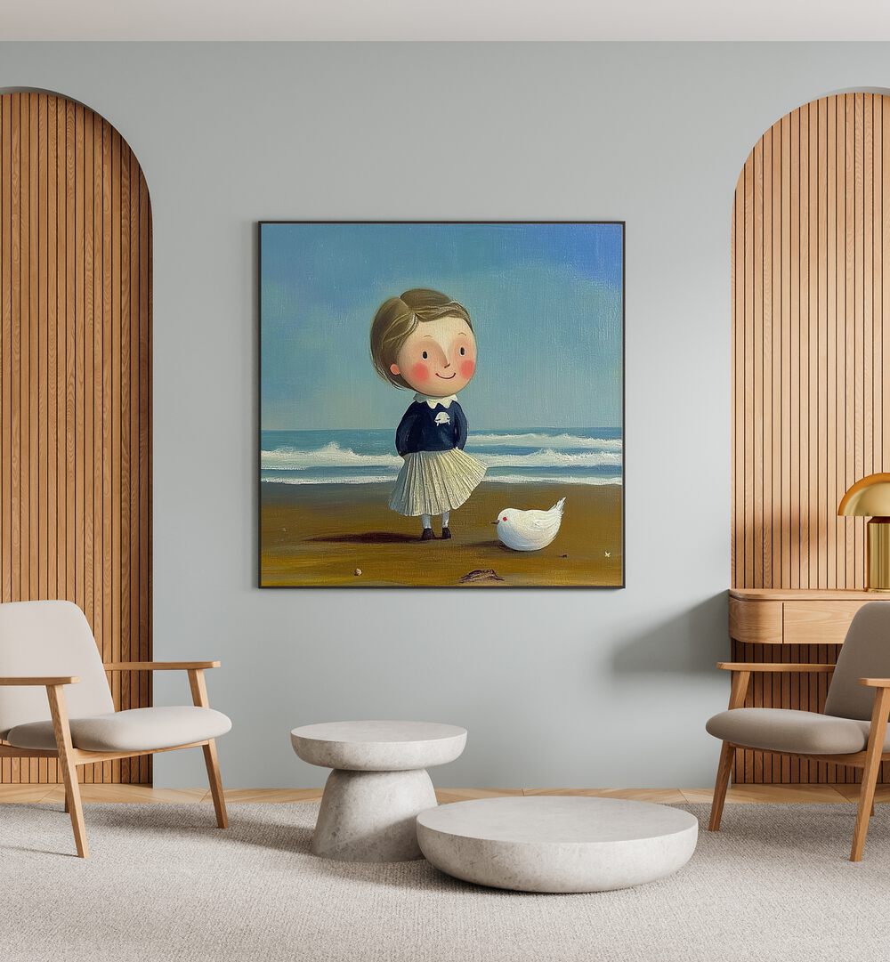 LITTLE GIRL ON THE BEACH II artwork showcases childhood joy with a seaside scene, perfect for whimsical home decor.
