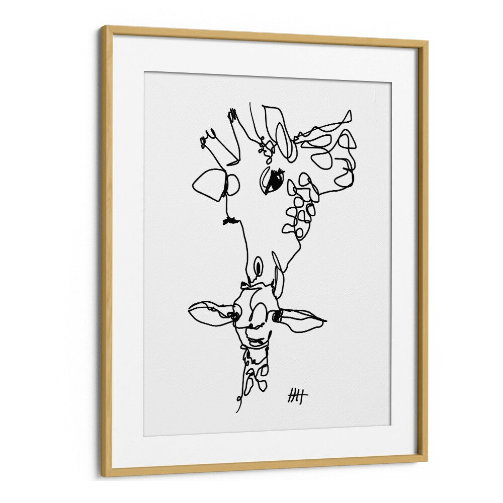 Long Necks Line Art Artwork in Oak Wood Frame With Mount