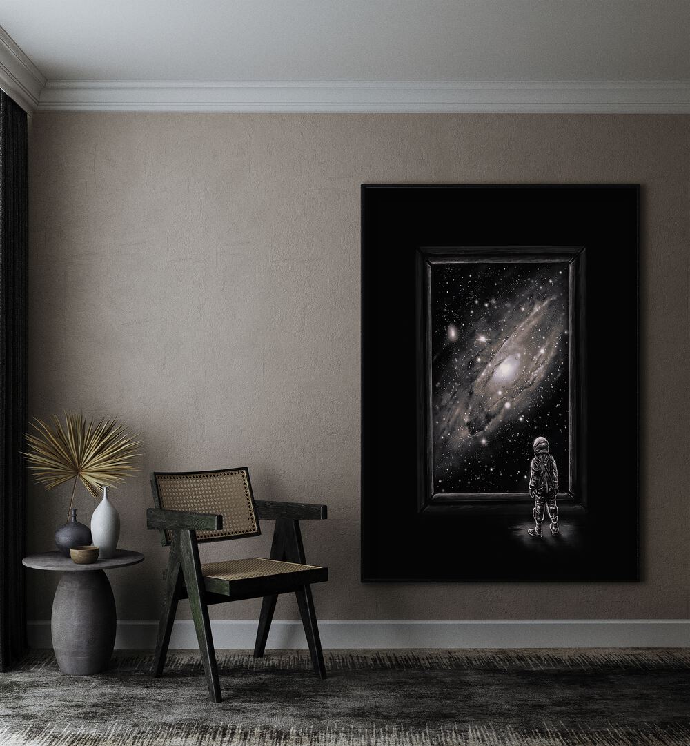 Looking Through A Masterpiece By Francis Minoza Astronaut & Nasa Paintings, Space Art Prints Artwork in Black Plain Frame placed on a Beige Wall in the Drawing Room