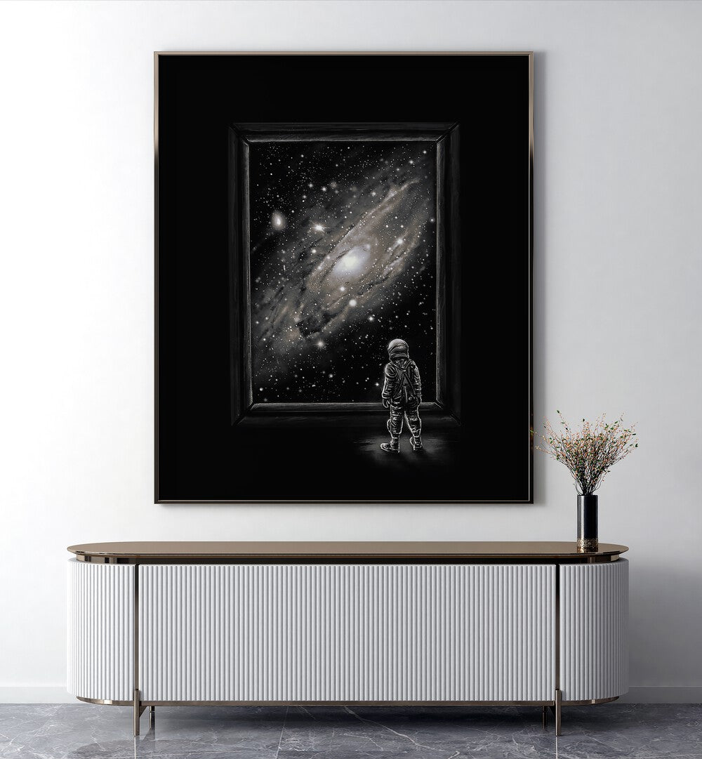 Looking Through A Masterpiece By Francis Minoza Astronaut & Nasa Paintings, Space Art Prints Artwork in Gold Plain Frame placed on a White Wall in the Living Room