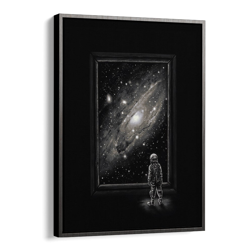 Looking Through A Masterpiece By Francis Minoza Astronaut & Nasa Paintings, Space Art Prints Artwork in Black Floater Frame
