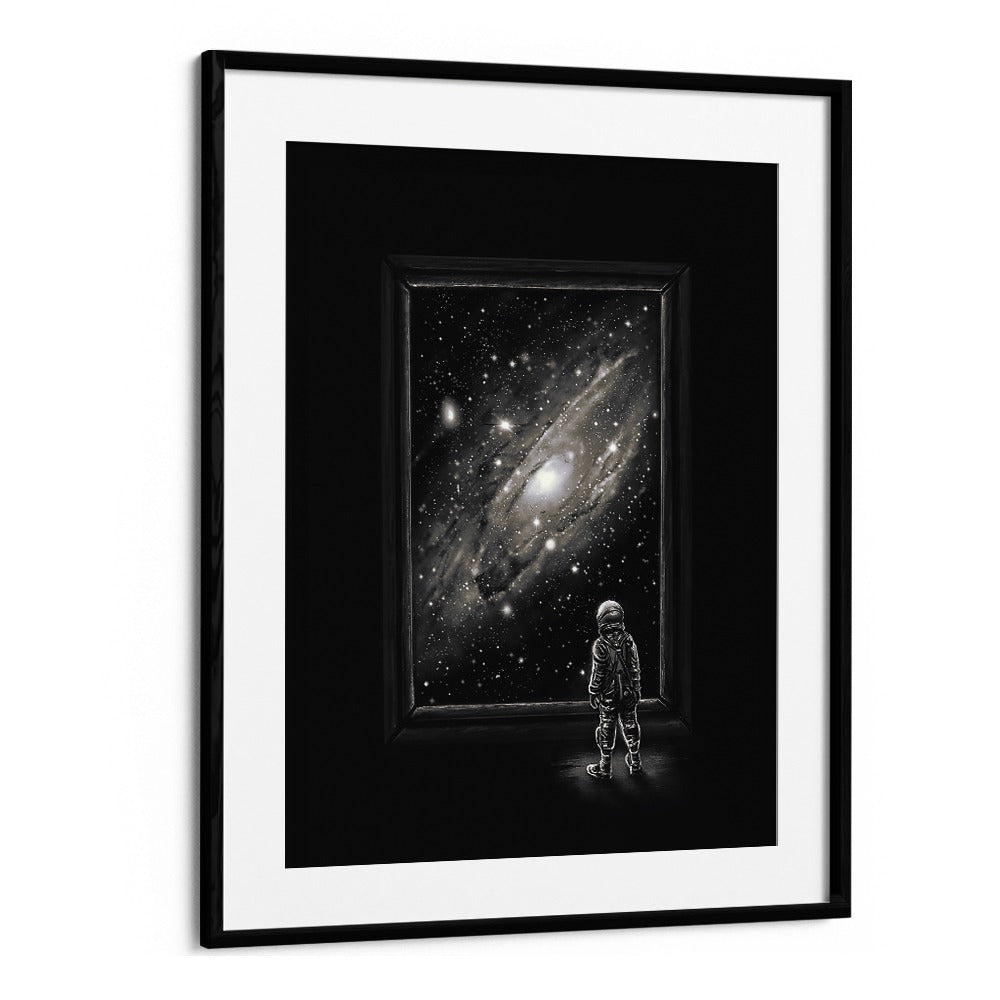 Looking Through A Masterpiece By Francis Minoza Astronaut & Nasa Paintings, Space Art Prints Artwork in Black Frame With Mount
