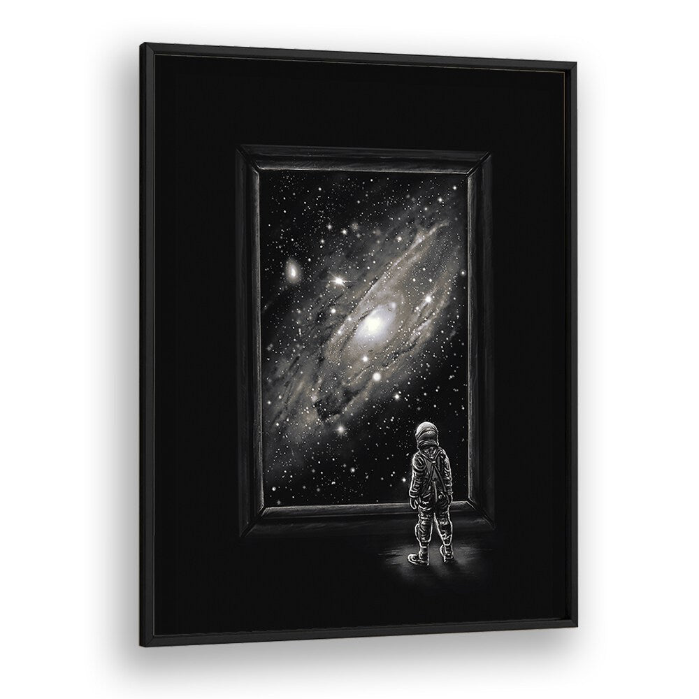 Looking Through A Masterpiece By Francis Minoza Astronaut & Nasa Paintings, Space Art Prints Artwork in Black Plain Frame
