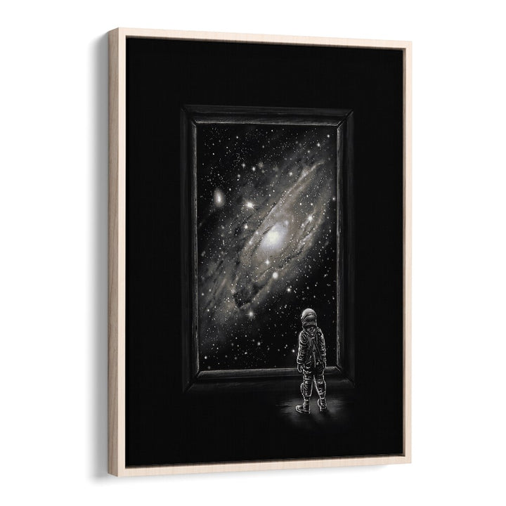 Looking Through A Masterpiece By Francis Minoza Astronaut & Nasa Paintings, Space Art Prints Artwork in Oak Wood Floater Frame
