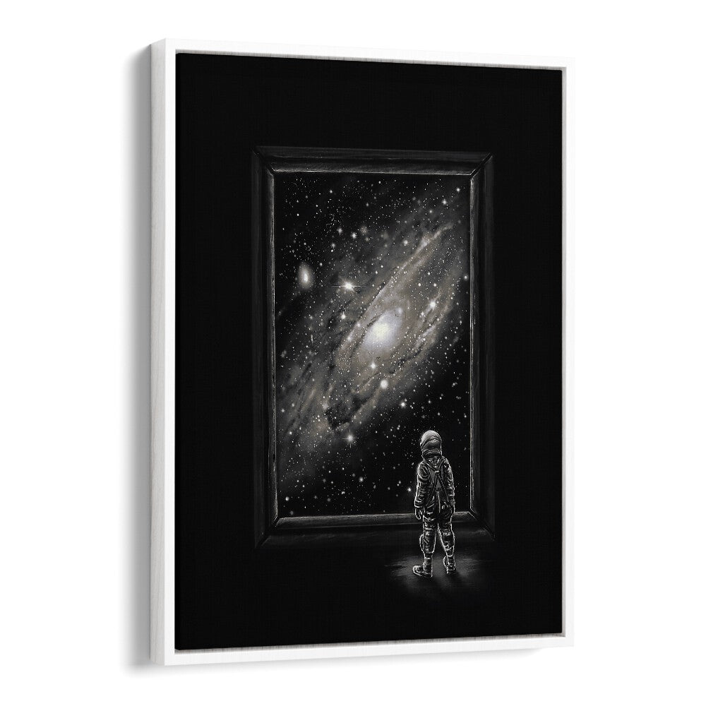 Looking Through A Masterpiece By Francis Minoza Astronaut & Nasa Paintings, Space Art Prints Artwork in White Floater Frame
