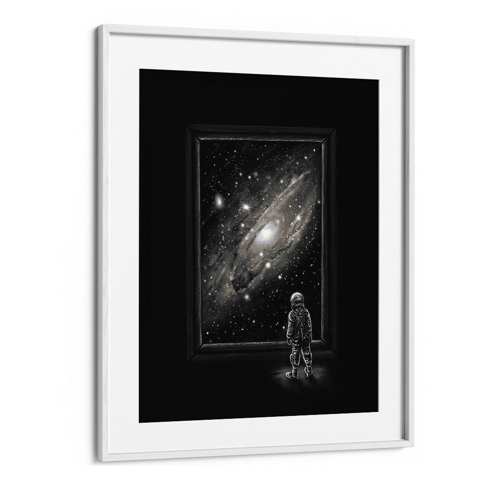 Looking Through A Masterpiece By Francis Minoza Astronaut & Nasa Paintings, Space Art Prints Artwork in White Frame With Mount
