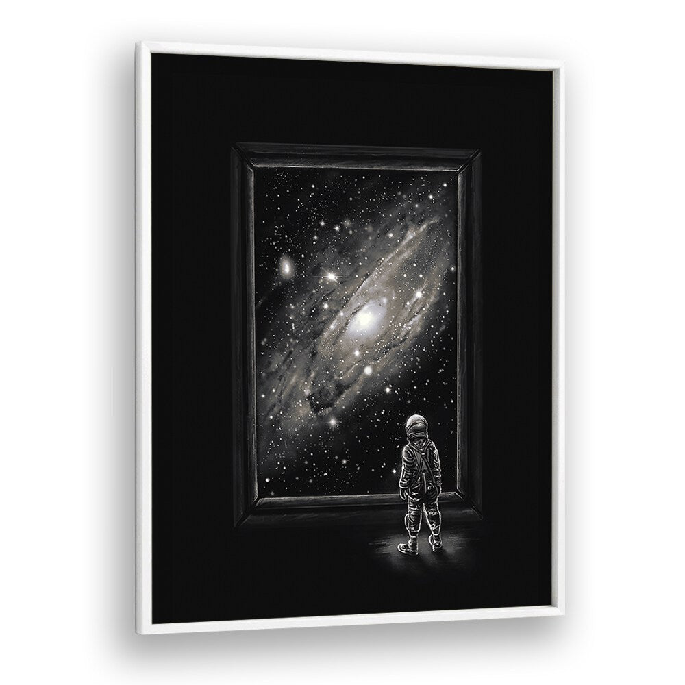 Looking Through A Masterpiece By Francis Minoza Astronaut & Nasa Paintings, Space Art Prints Artwork in White Plain Frame
