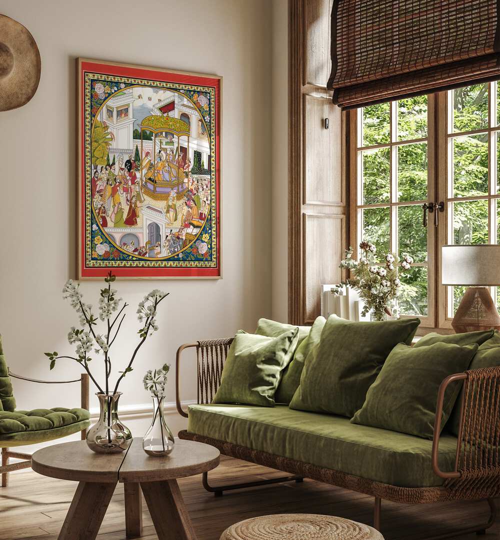 Lord Rama Coronation Indian Art Painting Artwork in Oak Wood Plain Frame placed on a Cream Beige Wall near a Green Sofa in the Living Room