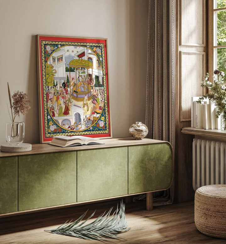 Lord Rama Coronation Indian Art Painting Artwork in Oak Wood Plain Frame placed on a Green Colored Console Table leaning on a Beige Colored Wall