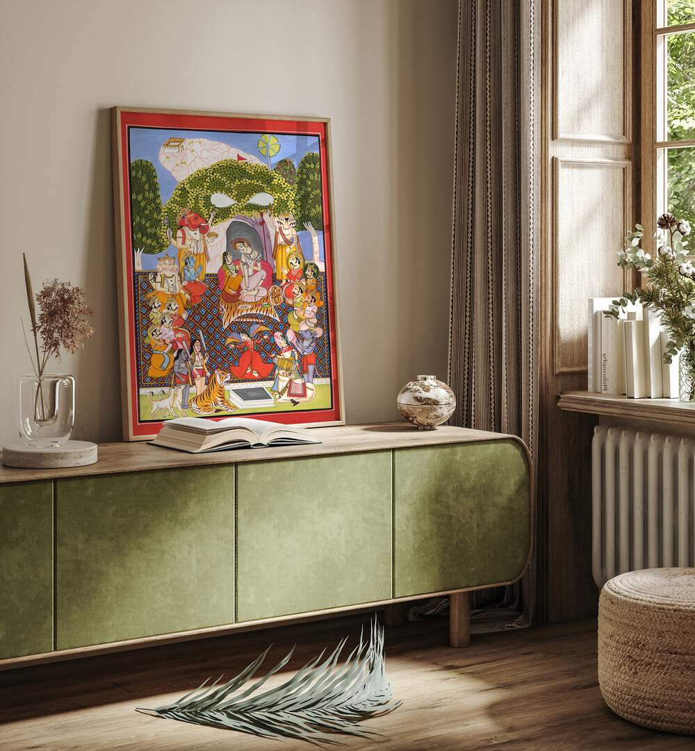 Lord Shiva Arti Indian Art Painting Artwork in Oak Wood Plain Frame placed on a Green Wooden Console Table Leaning on a Cream Beige Colored Wall