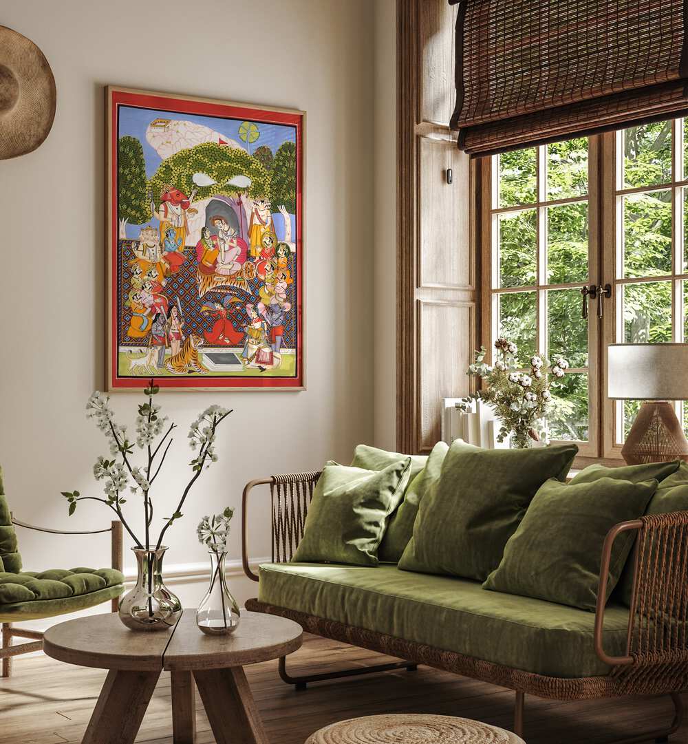 Lord Shiva Arti Indian Art Painting Artwork in Oak Wood Plain Frame placed on a Cream Beige Wall near a Green Sofa in the Living Room