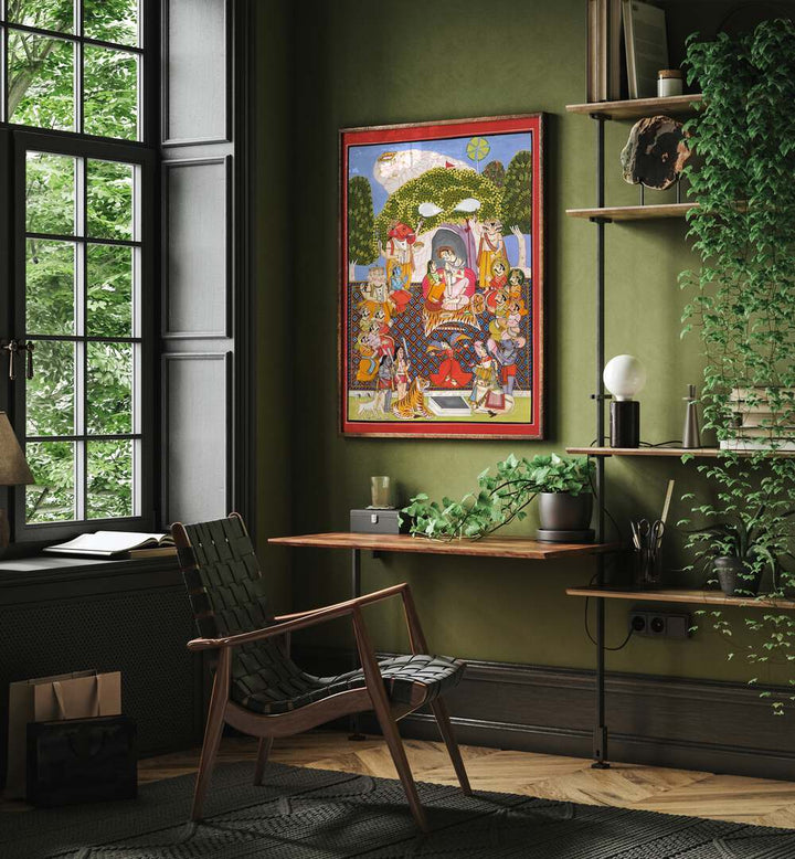 Lord Shiva Arti Indian Art Painting Artwork in Dark Wood Plain Frame placed on a Green Colored Wall in the Drawing Room With Green Aesthetics