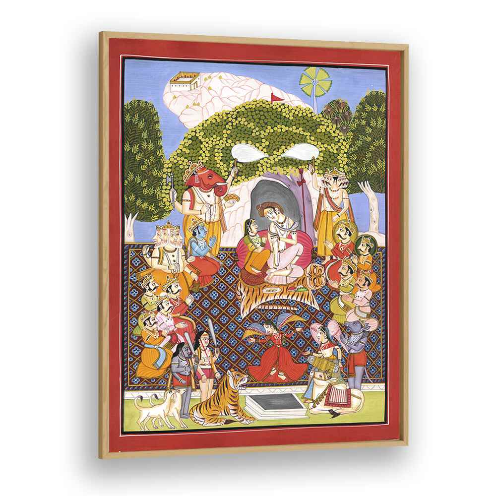 Lord Shiva Arti Indian art painting Artwork in Oak Wood Plain Frame