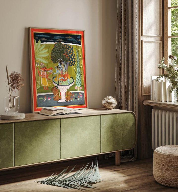 Lord Shiva With Shri Ganesha Indian Art Painting Artwork in Oak Wood Plain Frame placed on a Green Wooden Console Table Leaning on a Cream Colored Wall