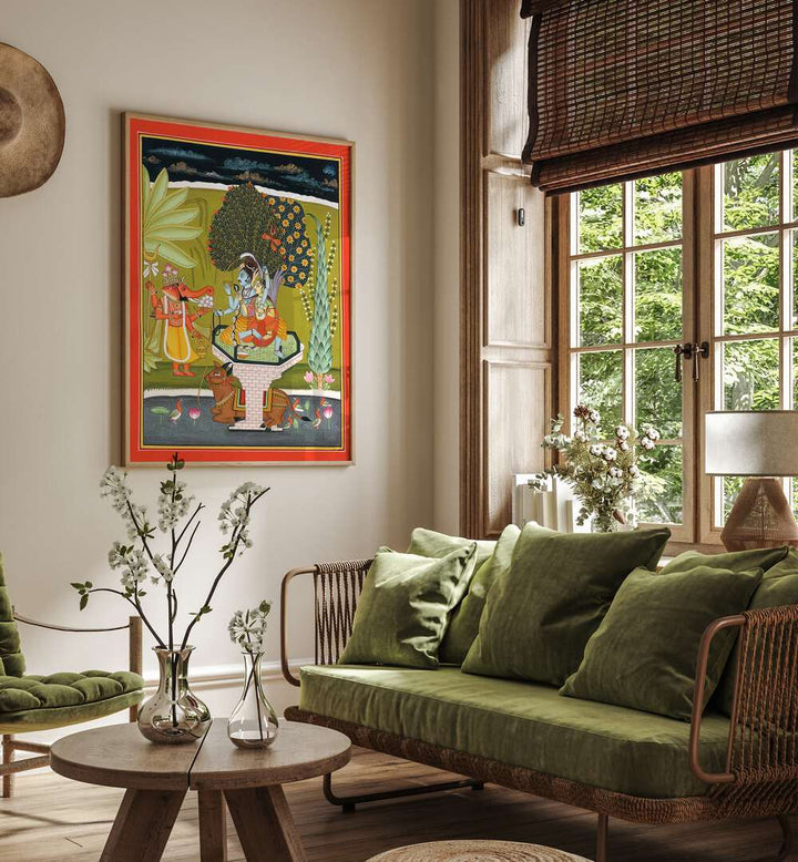 Lord Shiva With Shri Ganesha Indian Art Painting Artwork in Oak Wood Plain Frame placed on a Cream colored Wall NEar a Green Colored Sofa in the Living Room