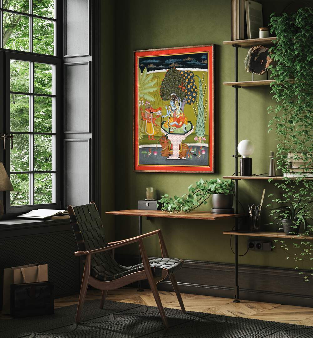 Lord Shiva With Shri Ganesha Indian Art Painting Artwork in Dark Wood Plain Frame Placed on a Green Colored Wall in The Drawing Room with Green Aesthetics