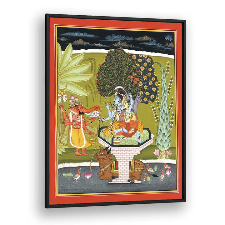 Lord Shiva With Shri Ganesha Indian art painting Artwork in Black Plain Frame