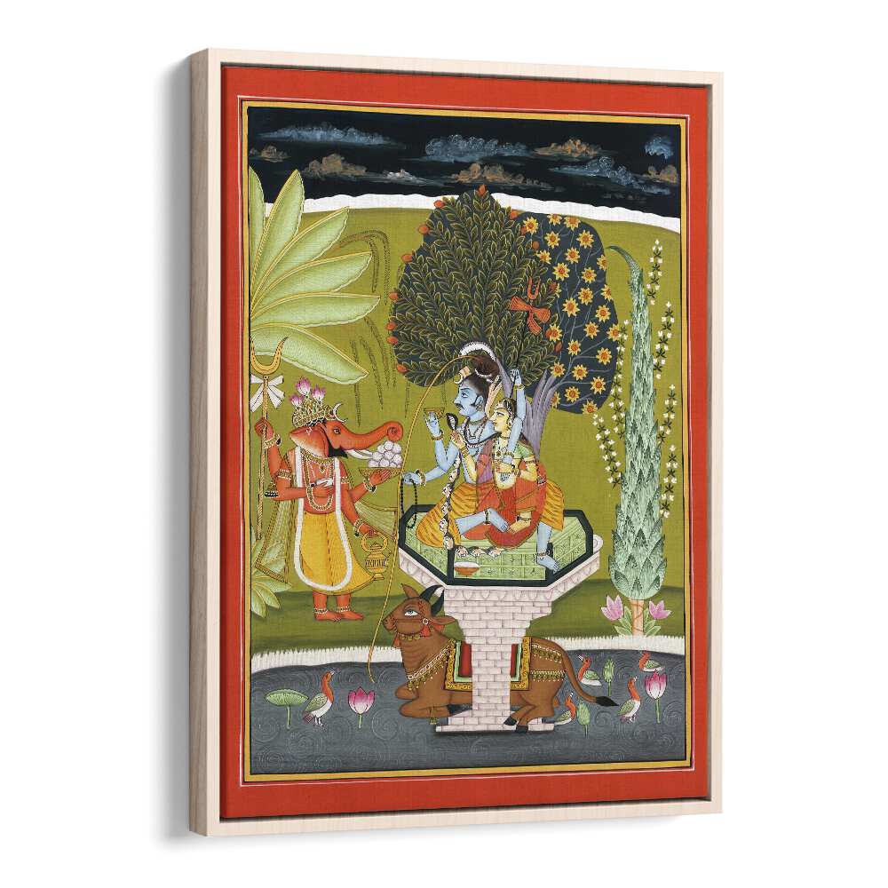 Lord Shiva With Shri Ganesha Indian art painting Artwork in Oak Wood Floater Frame