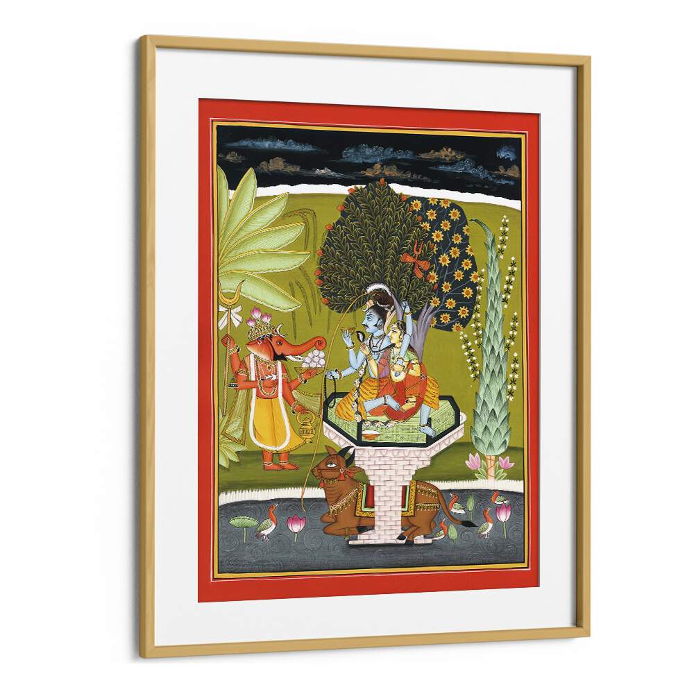 Lord Shiva With Shri Ganesha Indian art painting Artwork in Oak Wood Frame With Mount