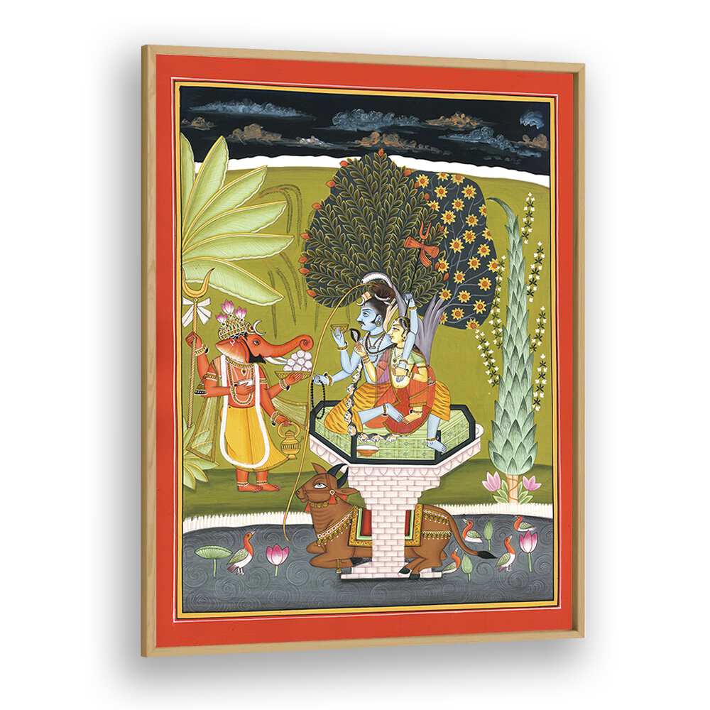 Lord Shiva With Shri Ganesha Indian art painting Artwork in Oak Wood Plain Frame