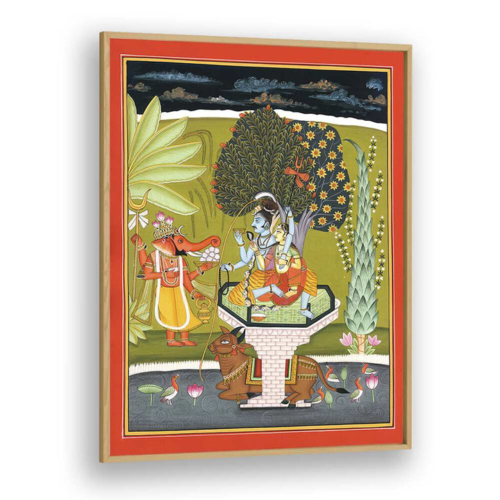 Lord Shiva With Shri Ganesha Indian art painting Artwork in Oak Wood Plain Frame