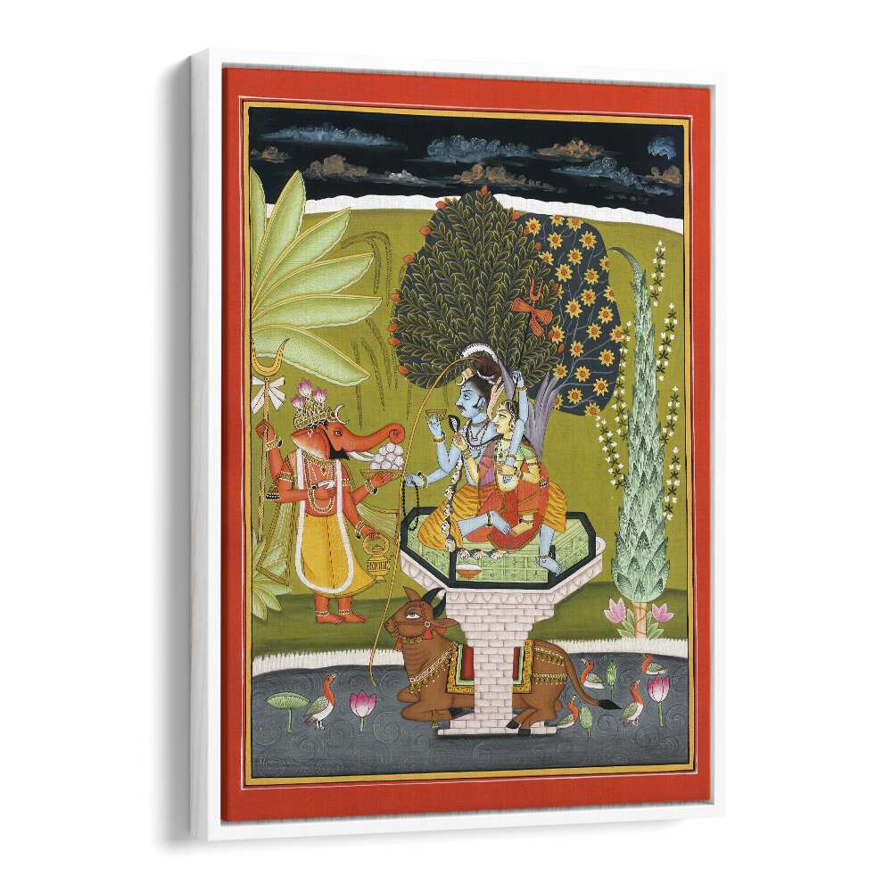 Lord Shiva With Shri Ganesha Indian art painting Artwork in White Floater Frame