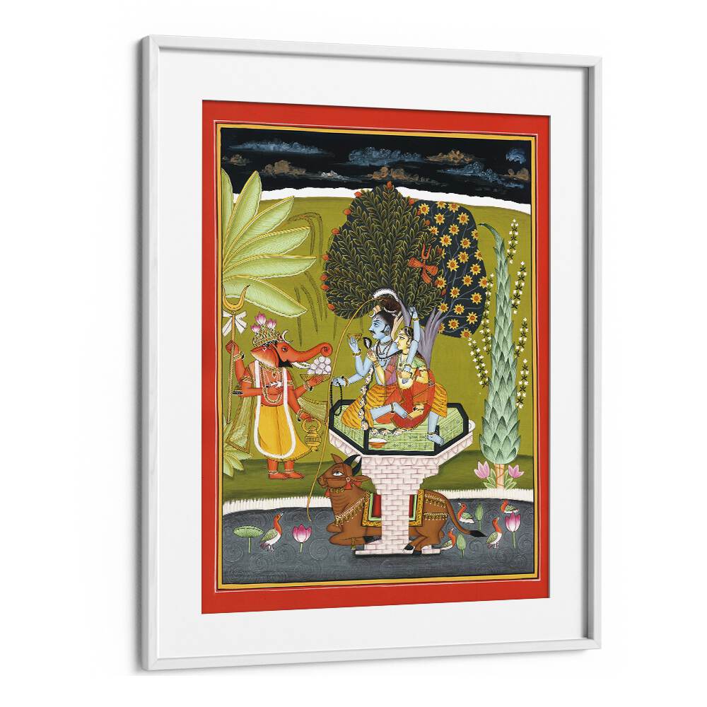 Lord Shiva With Shri Ganesha Indian art painting Artwork in White frame With Mount