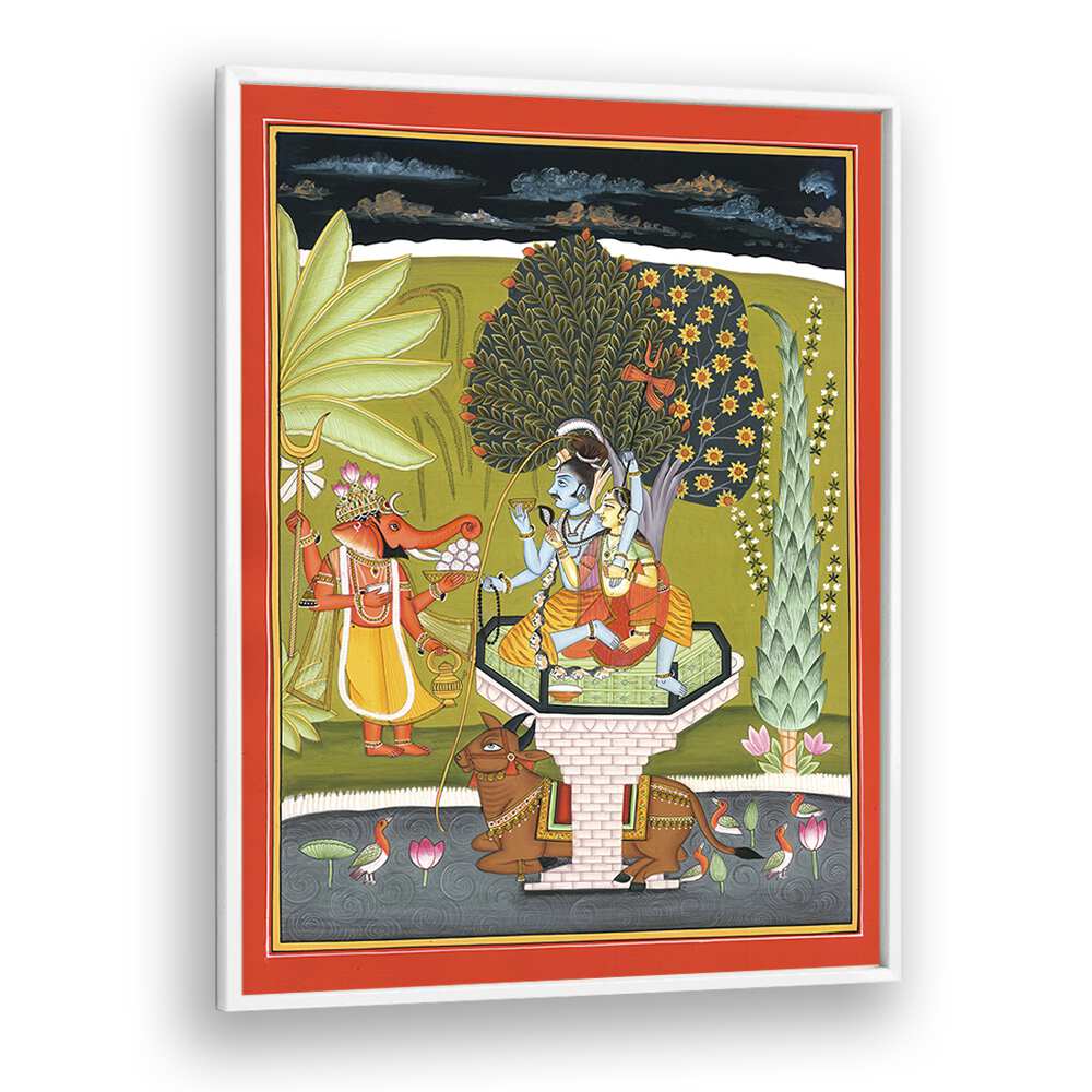 Lord Shiva With Shri Ganesha Indian art painting Artwork in White Plain Frame