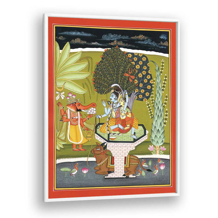 Lord Shiva With Shri Ganesha Indian art painting Artwork in White Plain Frame