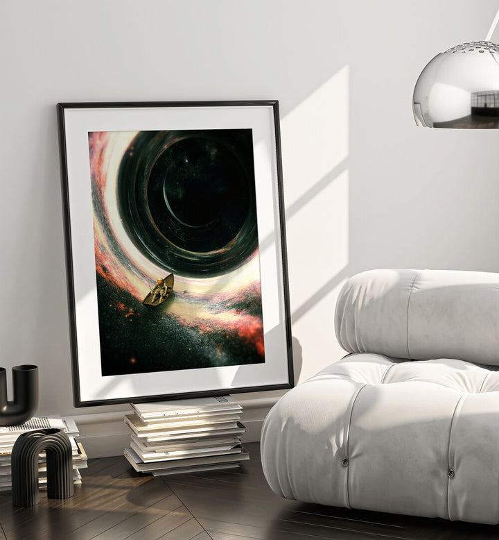 Lost Sailor By Francis Minoza Astronaut & Nasa Paintings, Space Art Prints Artwork in Black Frame With Mount near a White Sofa in the Drawing Room
