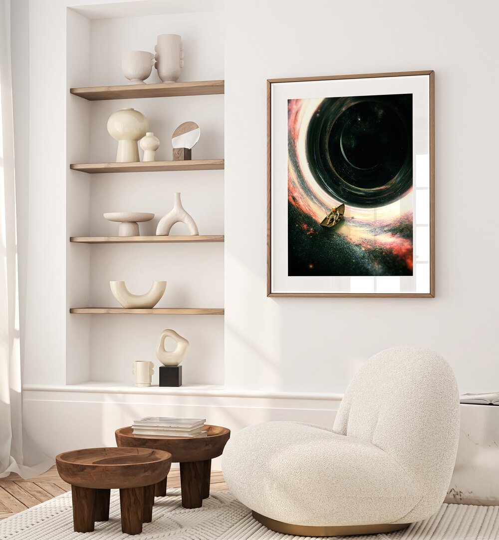 Lost Sailor By Francis Minoza Astronaut & Nasa Paintings, Space Art Prints Artwork in Oak Wood Frame With Mount placed on a White Colored Wall in the Drawing Room
