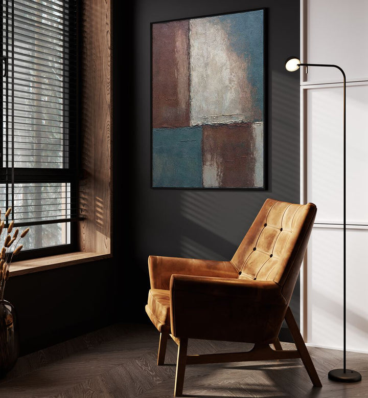Stylish LOUNGE, ABSTRACT PAINTINGS enhancing a modern living space with a cozy armchair and warm lighting.