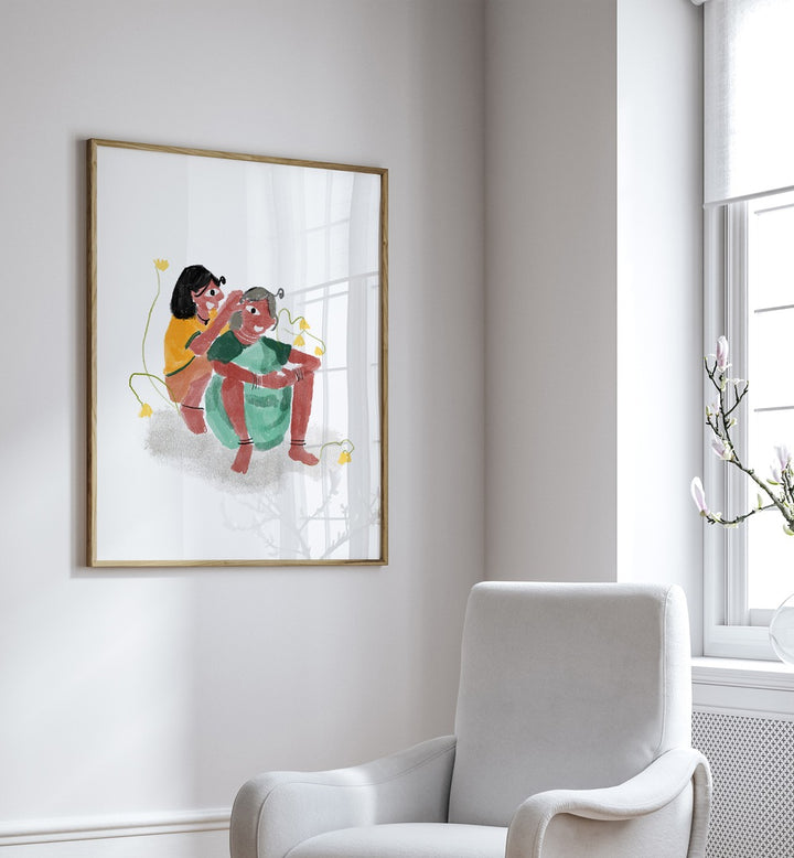 Love As We See By Shreya Roy Chowdary, Indian Art Paintings Artwork in Oak Wood Plain Frame placed on a White Colored Wall near a White Sofa Chair in the Drawing Room